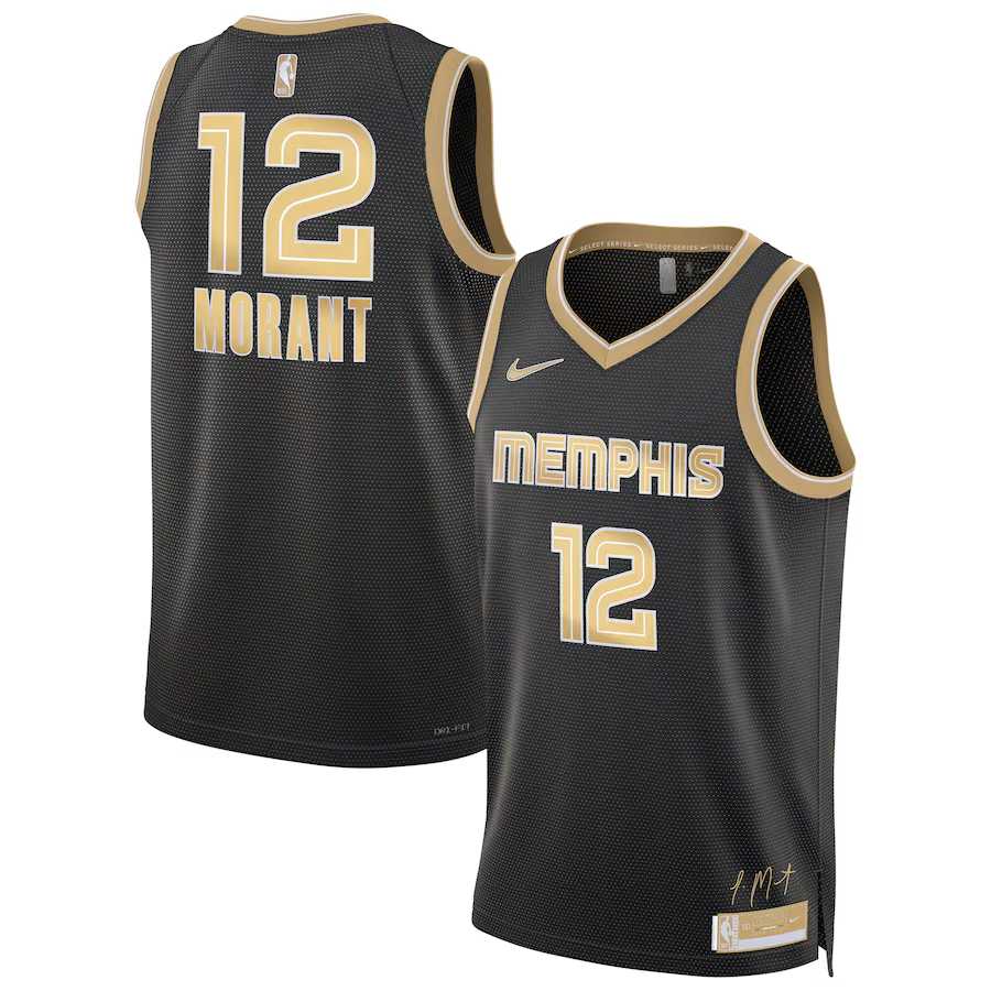 Mens Memphis Grizzlies #12 Ja Morant Black Gold 2024 Select Series Stitched Jersey Dzhi